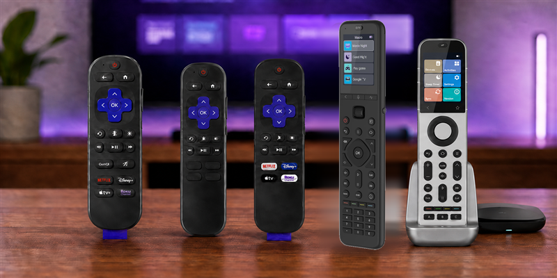five best remotes for Roku smart TVs with the exact SofaBaton U3 second from right and SofaBaton X2 at far right